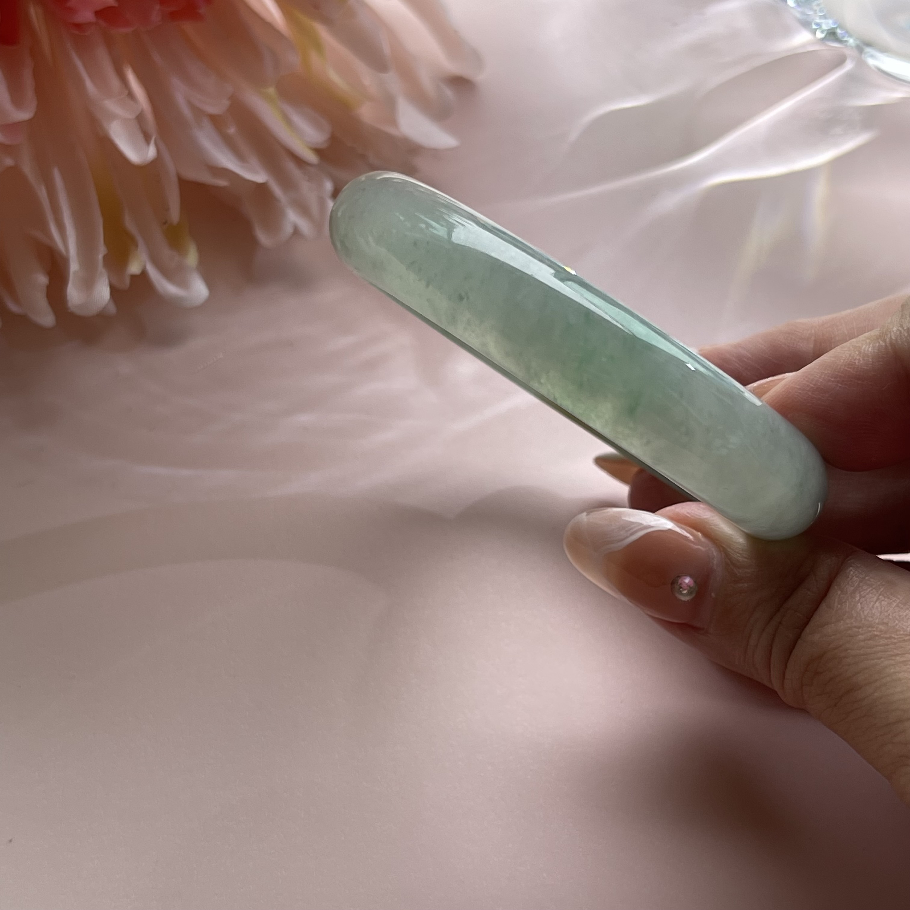 Icy Translucent Bluish Green with Olive Green Floating Flower Bangle (PJA00104)