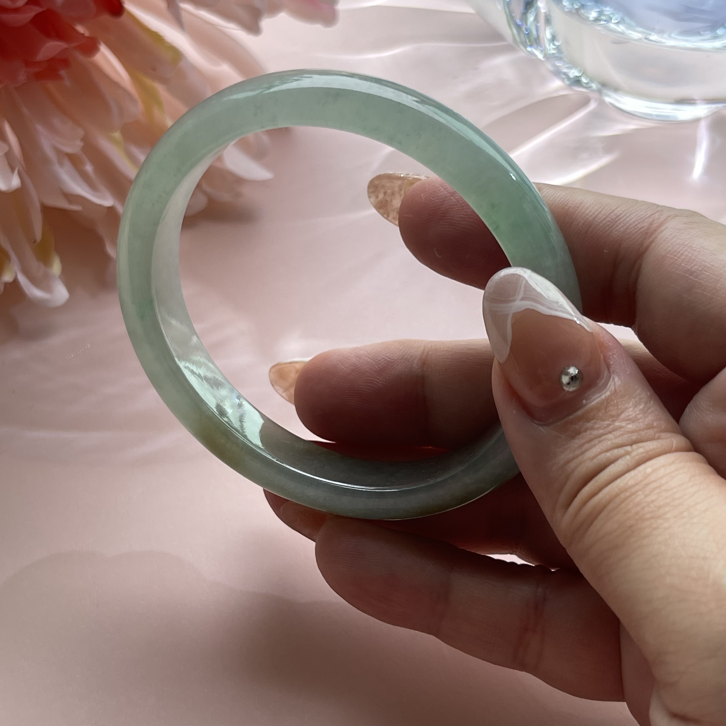 Icy Translucent Bluish Green with Olive Green Floating Flower Bangle (PJA00104)