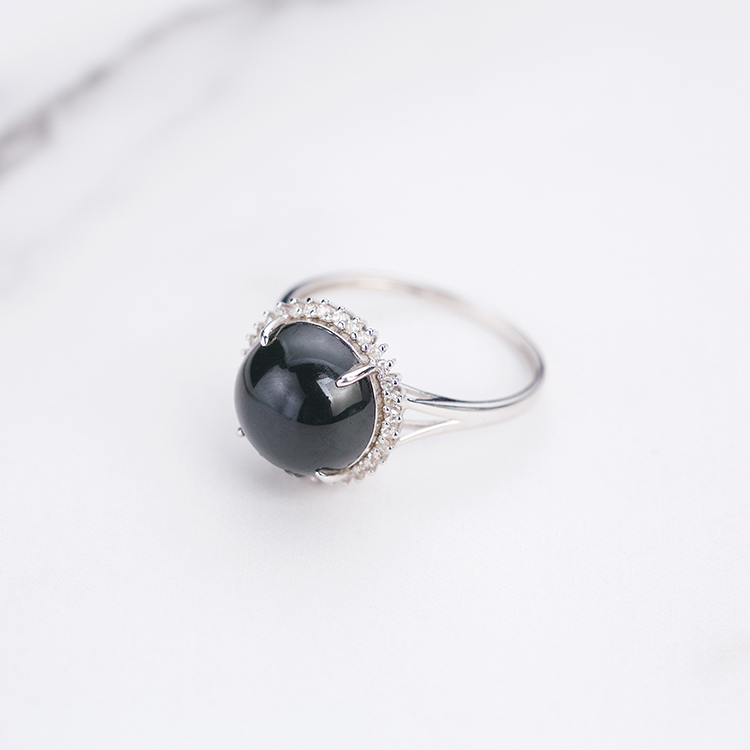 18K White Gold Omphacite Cabochon Ring (PJA00082)