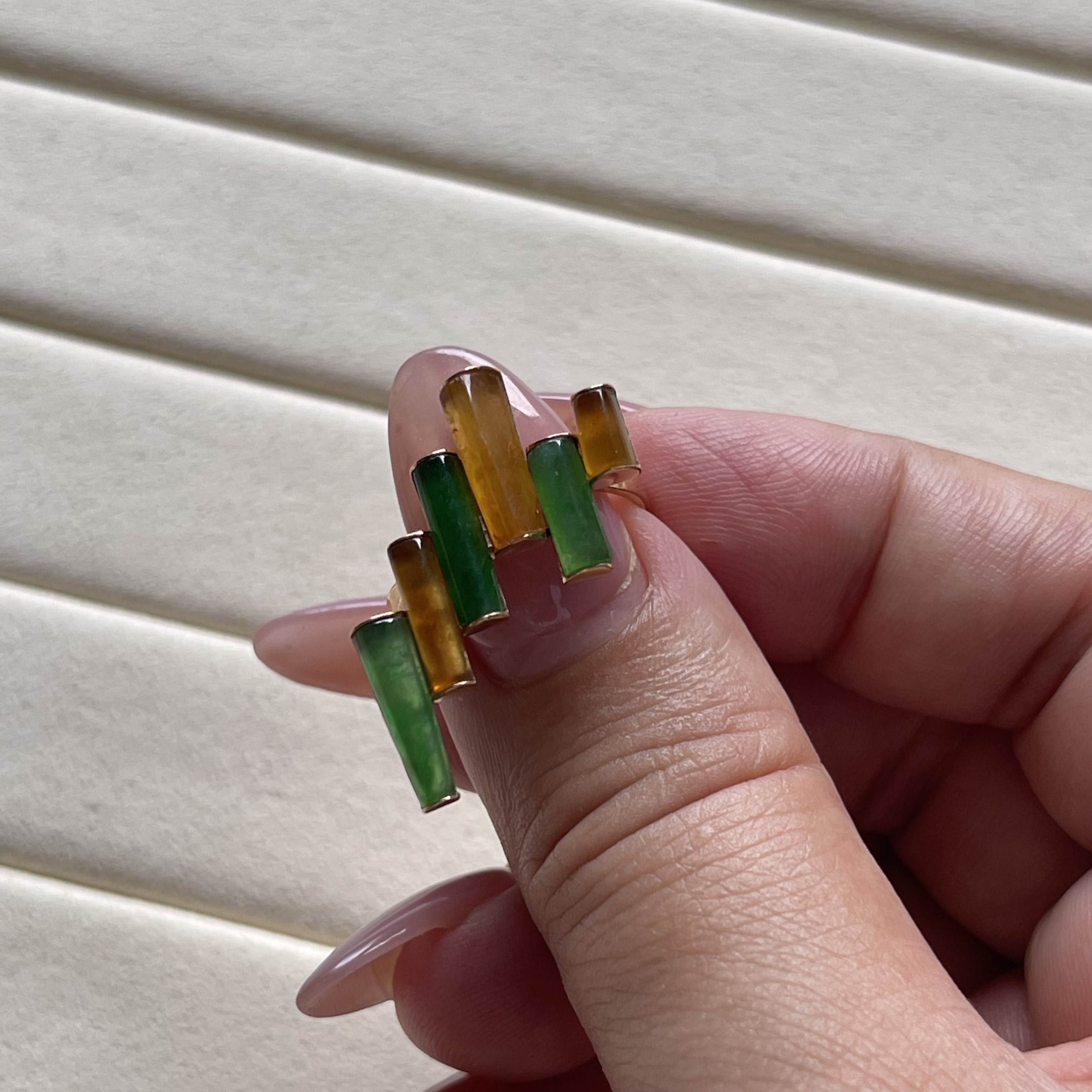 Green and Yellow Unique Modern Jadeite Ring (PJA00097)