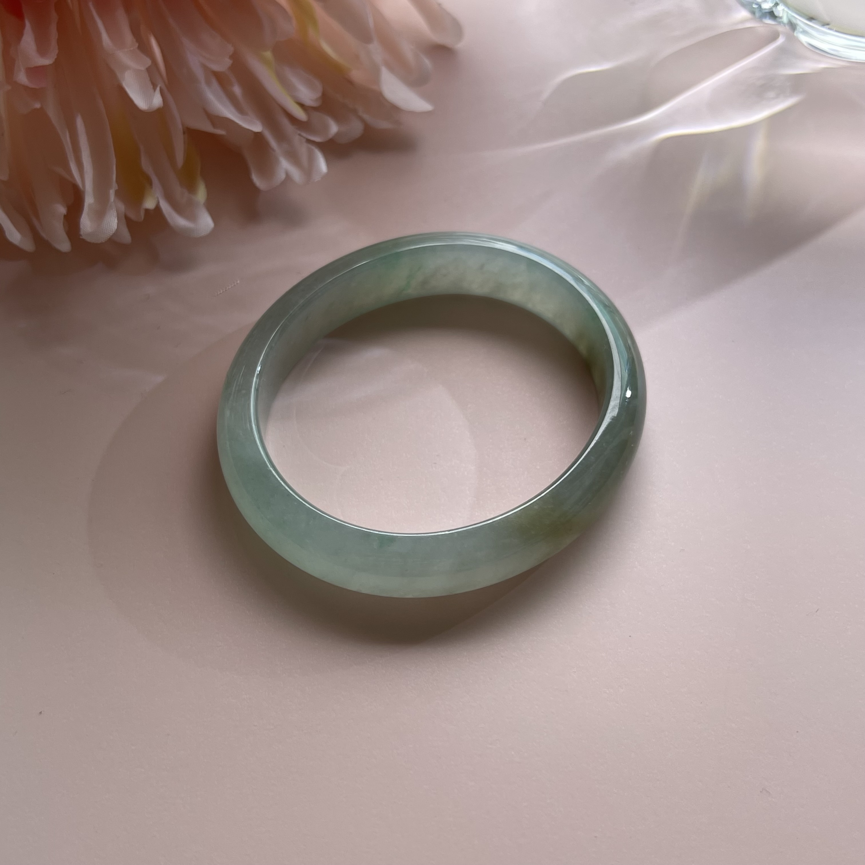 Icy Translucent Bluish Green with Olive Green Floating Flower Bangle (PJA00104)