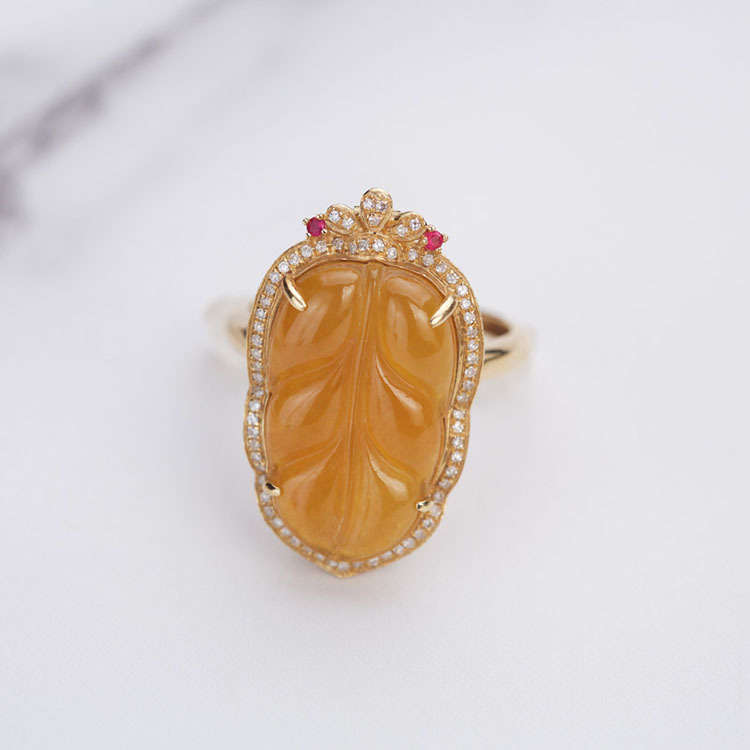 Yellow Orangey Jadeite Leaf Two Designs -  Ring and Pendant (PJA00039)
