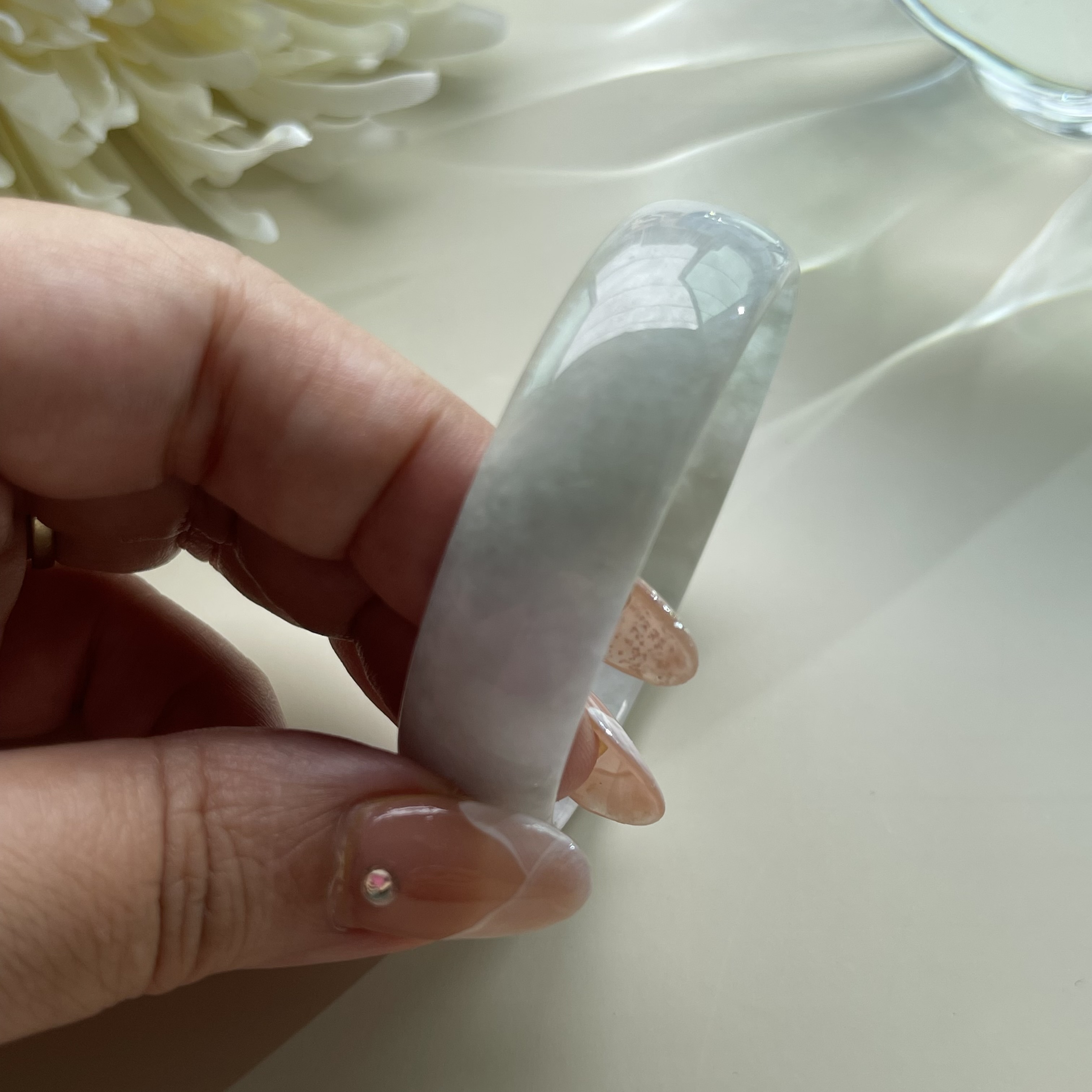 Faint Green Greyish to Faint Lavender Child Jadeite Bangle (PJA00113)