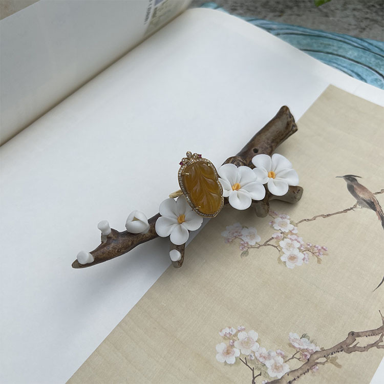 Yellow Orangey Jadeite Leaf Two Designs -  Ring and Pendant (PJA00039)