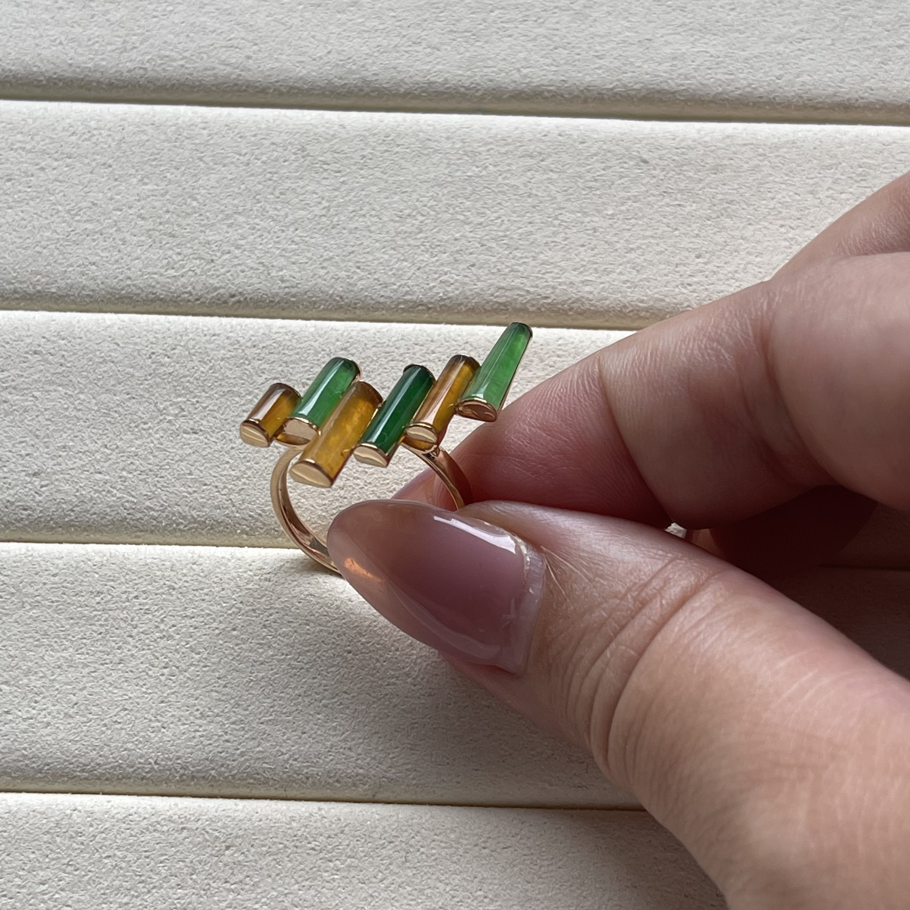 Green and Yellow Unique Modern Jadeite Ring (PJA00097)