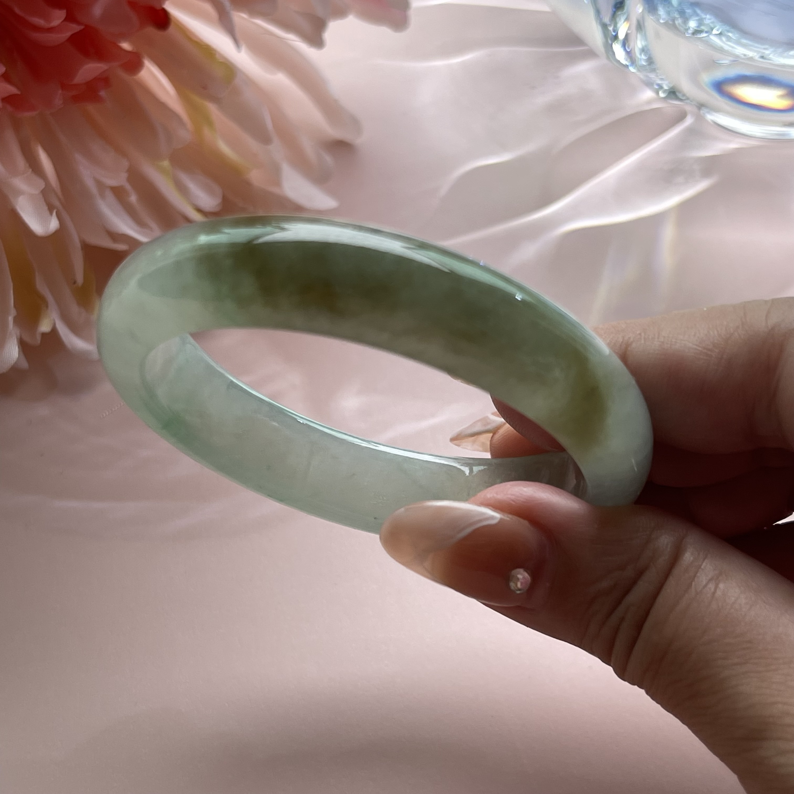 Icy Translucent Bluish Green with Olive Green Floating Flower Bangle (PJA00104)