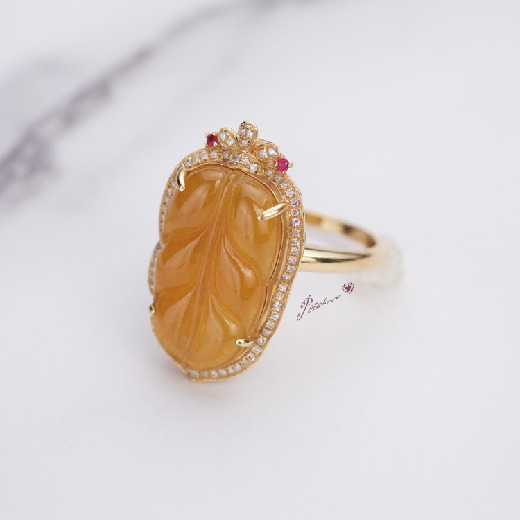 Yellow Orangey Jadeite Leaf Two Designs -  Ring and Pendant (PJA00039)