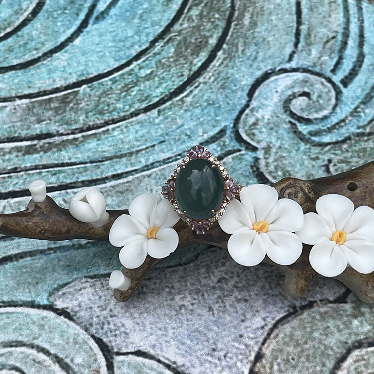 Huge Type A Bluish Green Cabochon Ring (PJA00016)