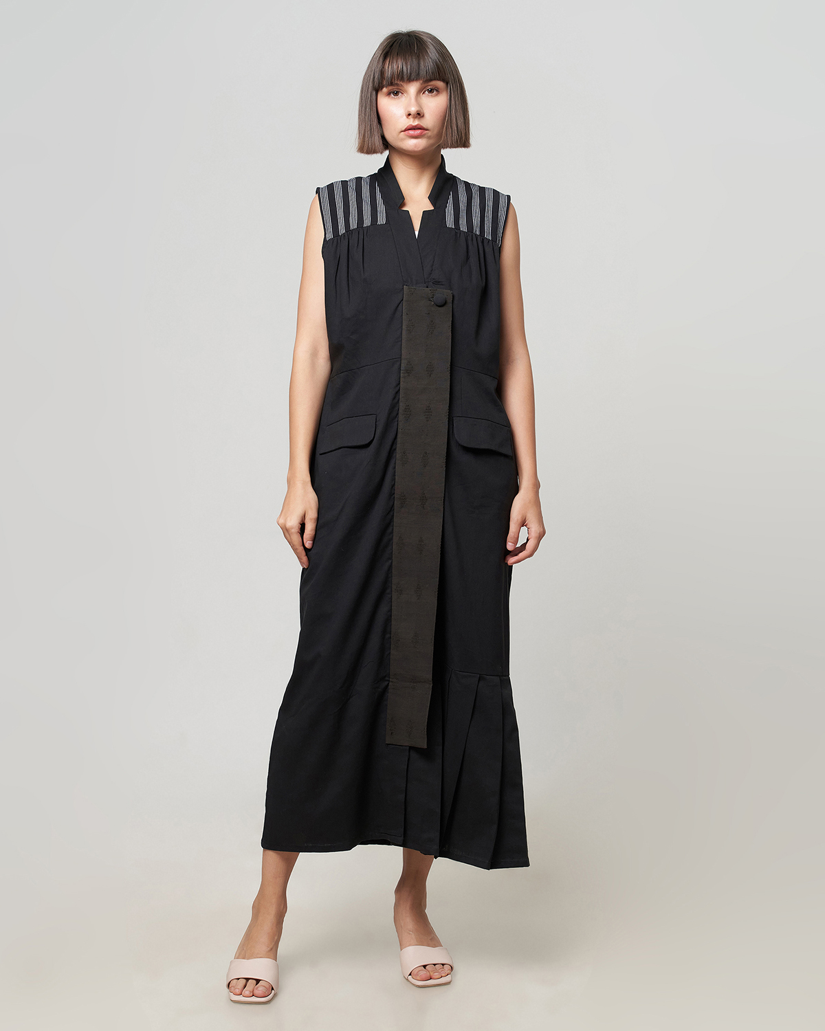 Black Sleeveless Outer Dress with Ikat