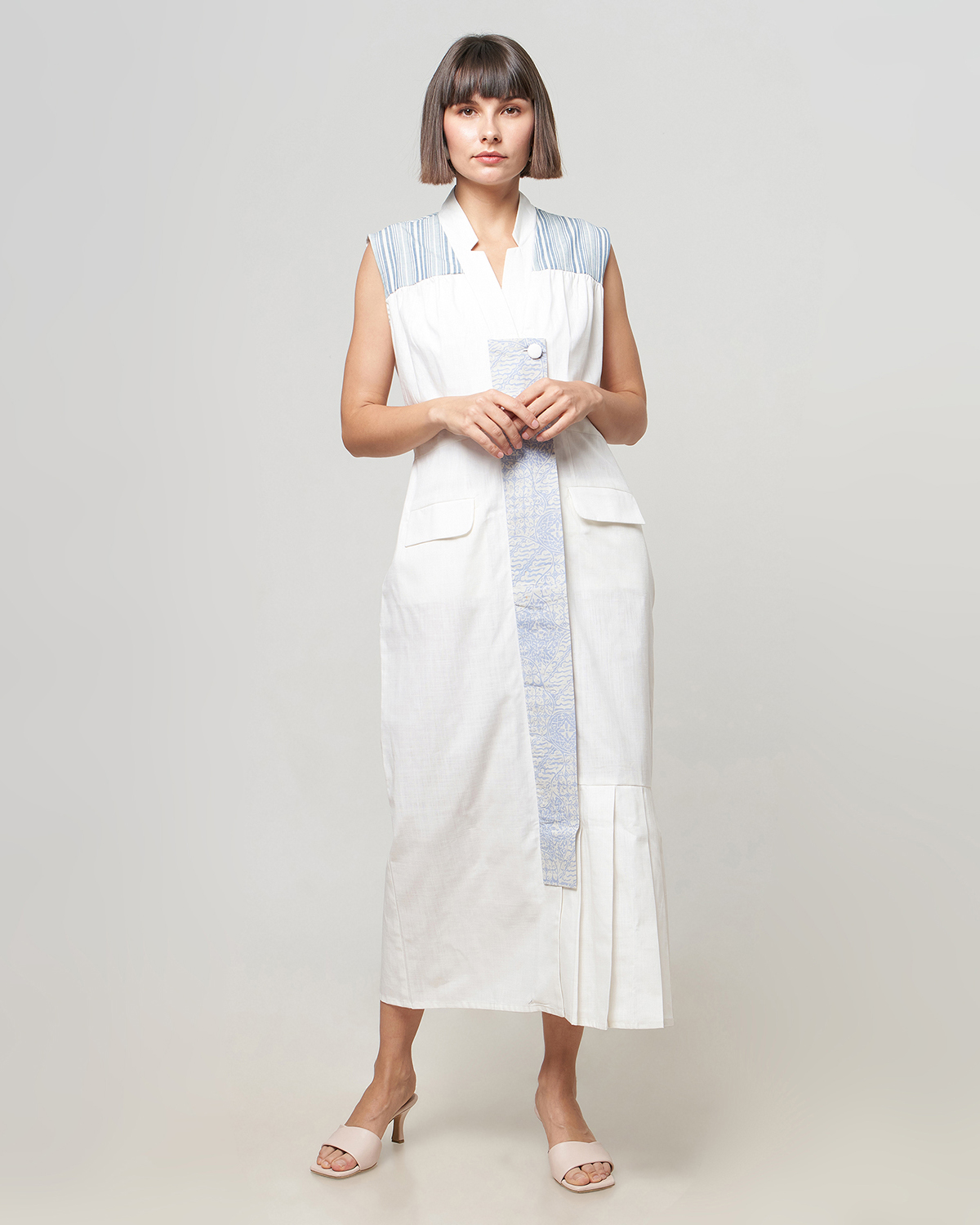 White Sleeveless Outer Dress with Ikat