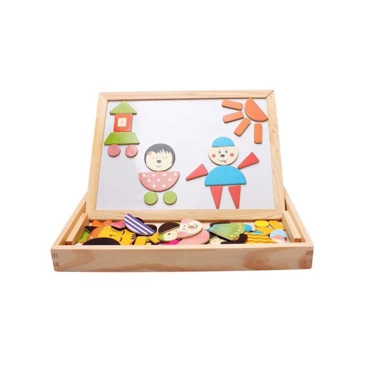 Wooden Magnetic Double-Sided Art Easel Black Board Puzzle with Storage Box
