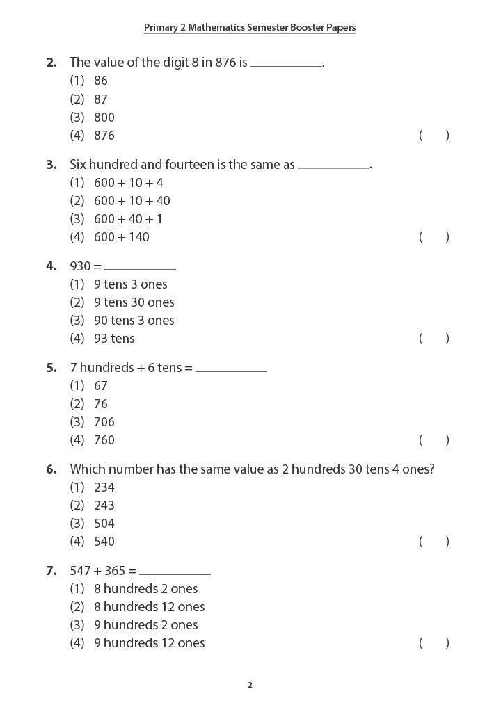 Primary 2 Mathematics Semester Booster Papers