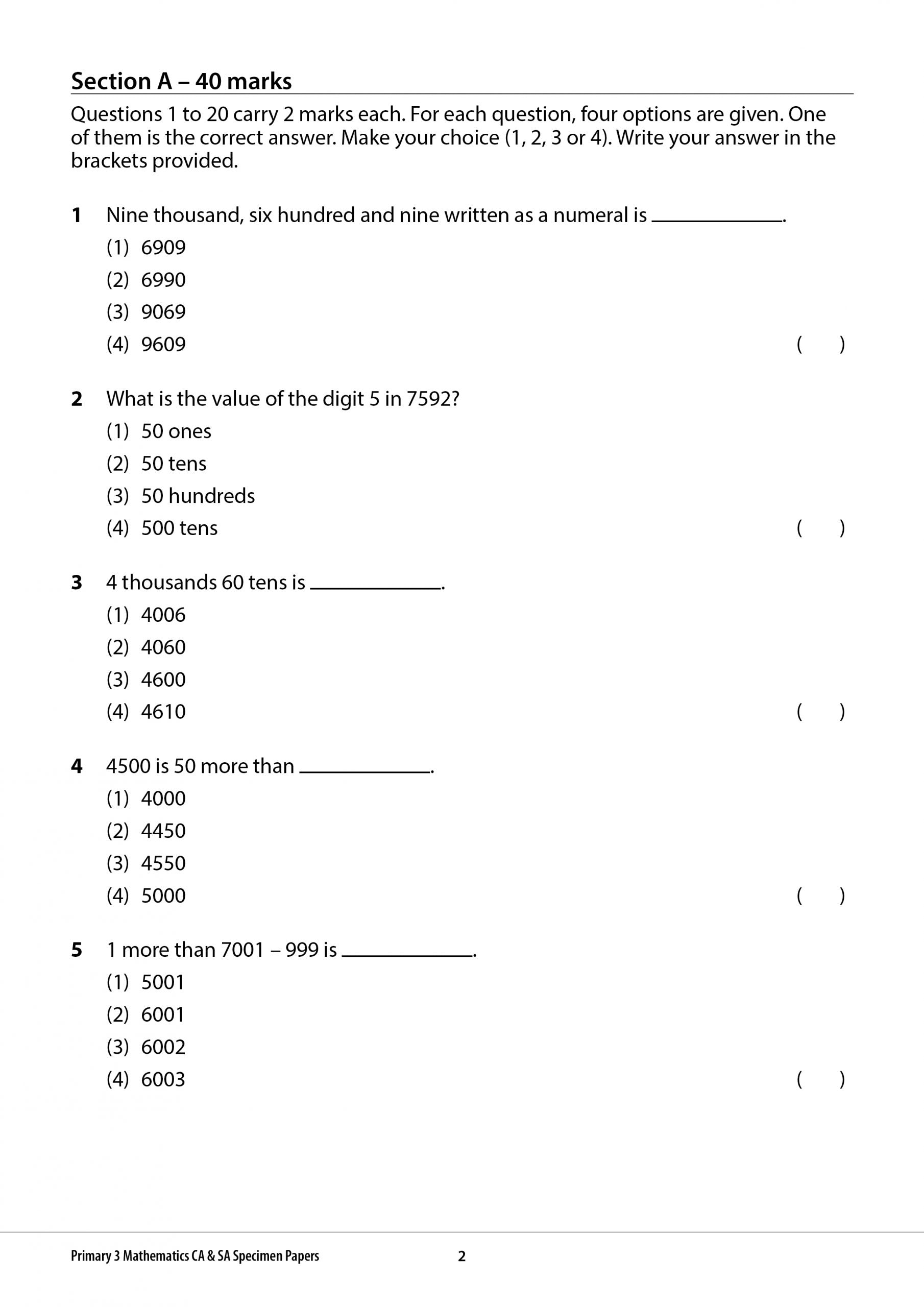 Primary 3 Mathematics CA & SA Specimen Papers