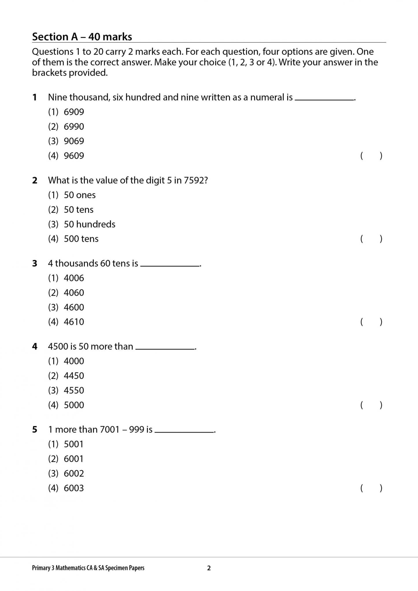 Primary 3 Mathematics CA & SA Specimen Papers