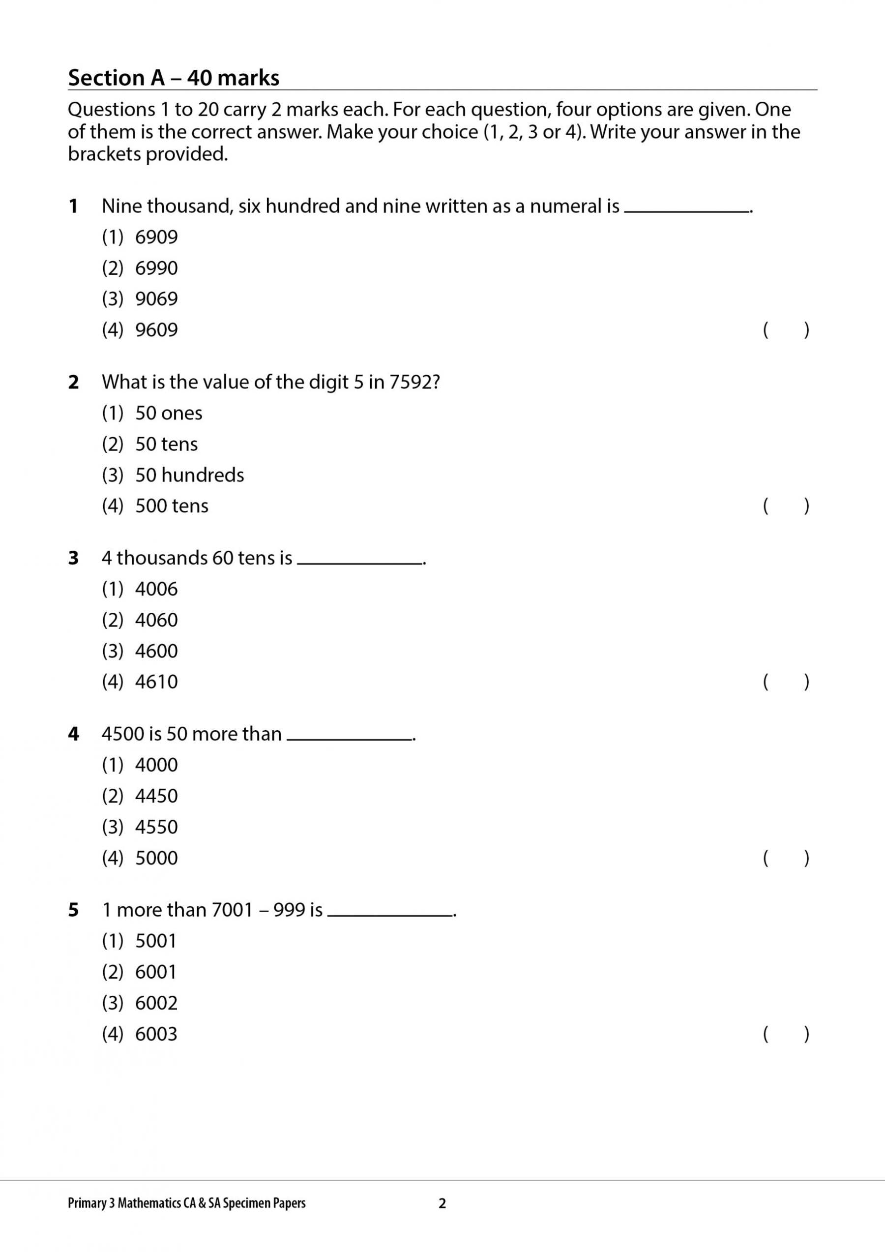 Primary 3 Mathematics CA & SA Specimen Papers