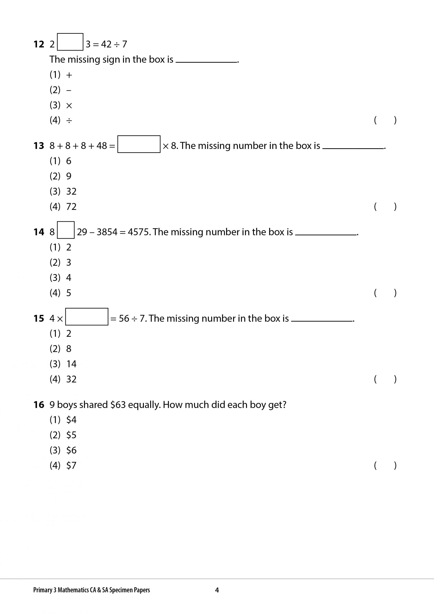 Primary 3 Mathematics CA & SA Specimen Papers