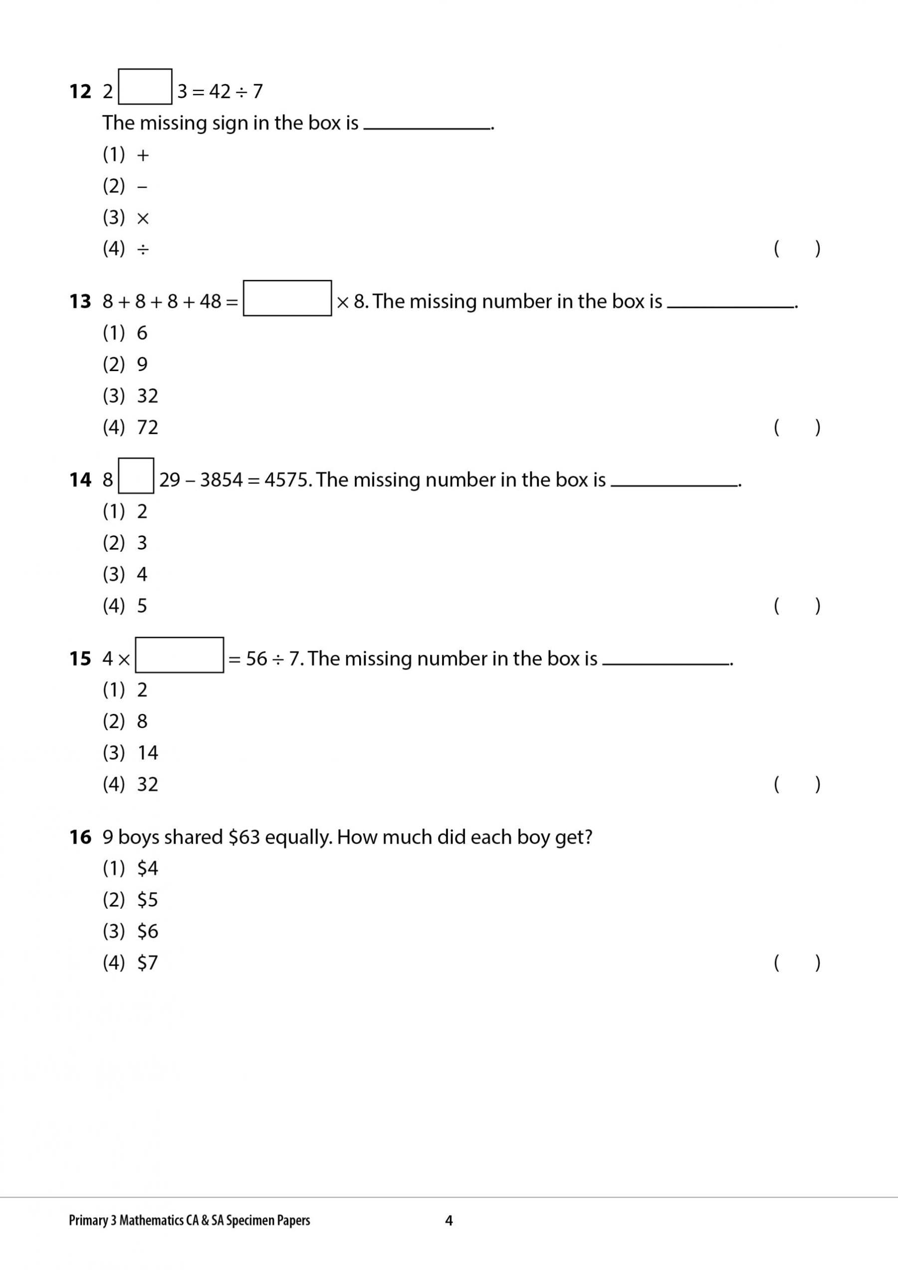 Primary 3 Mathematics CA & SA Specimen Papers