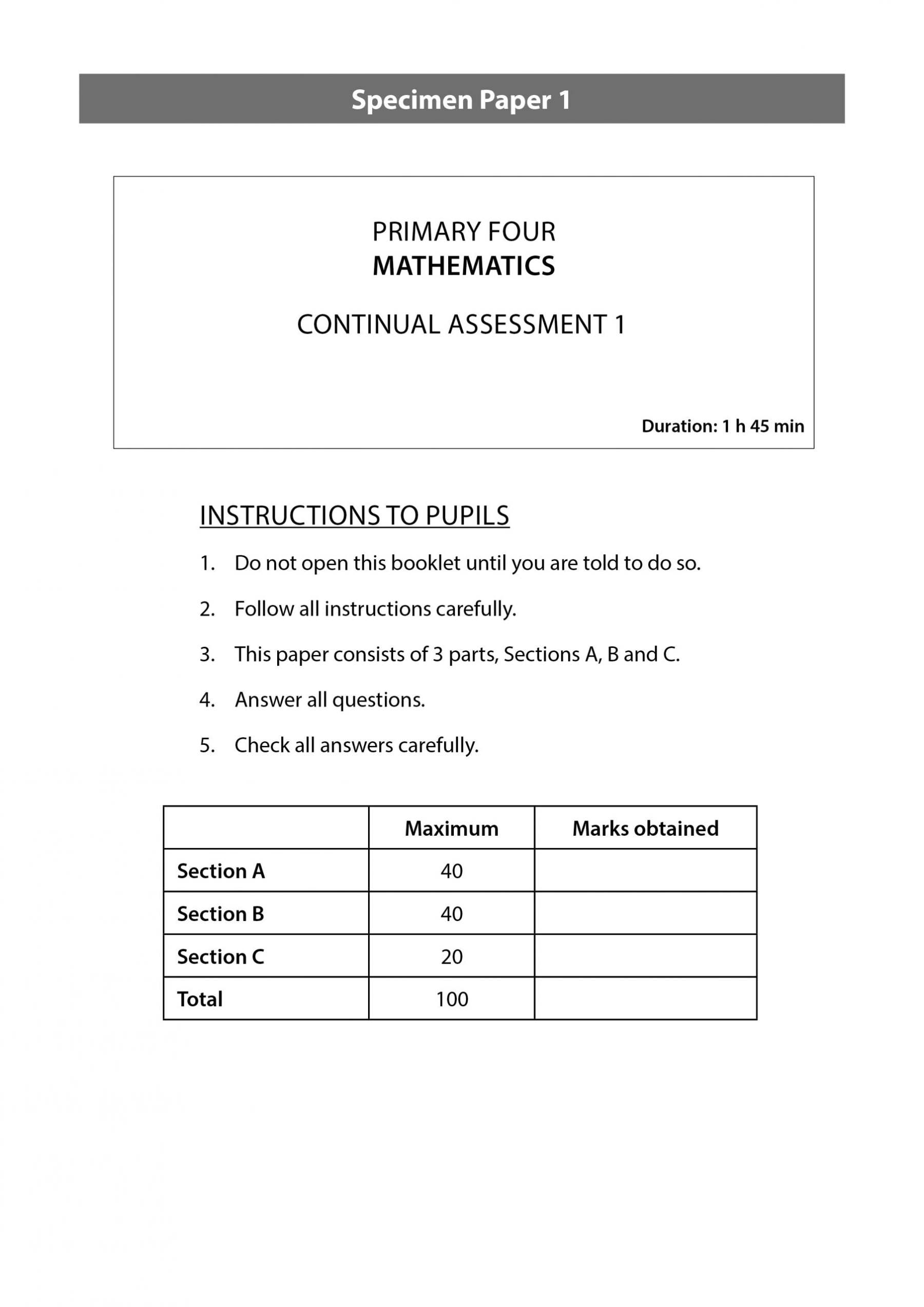Primary 4 Mathematics CA & SA Specimen Papers