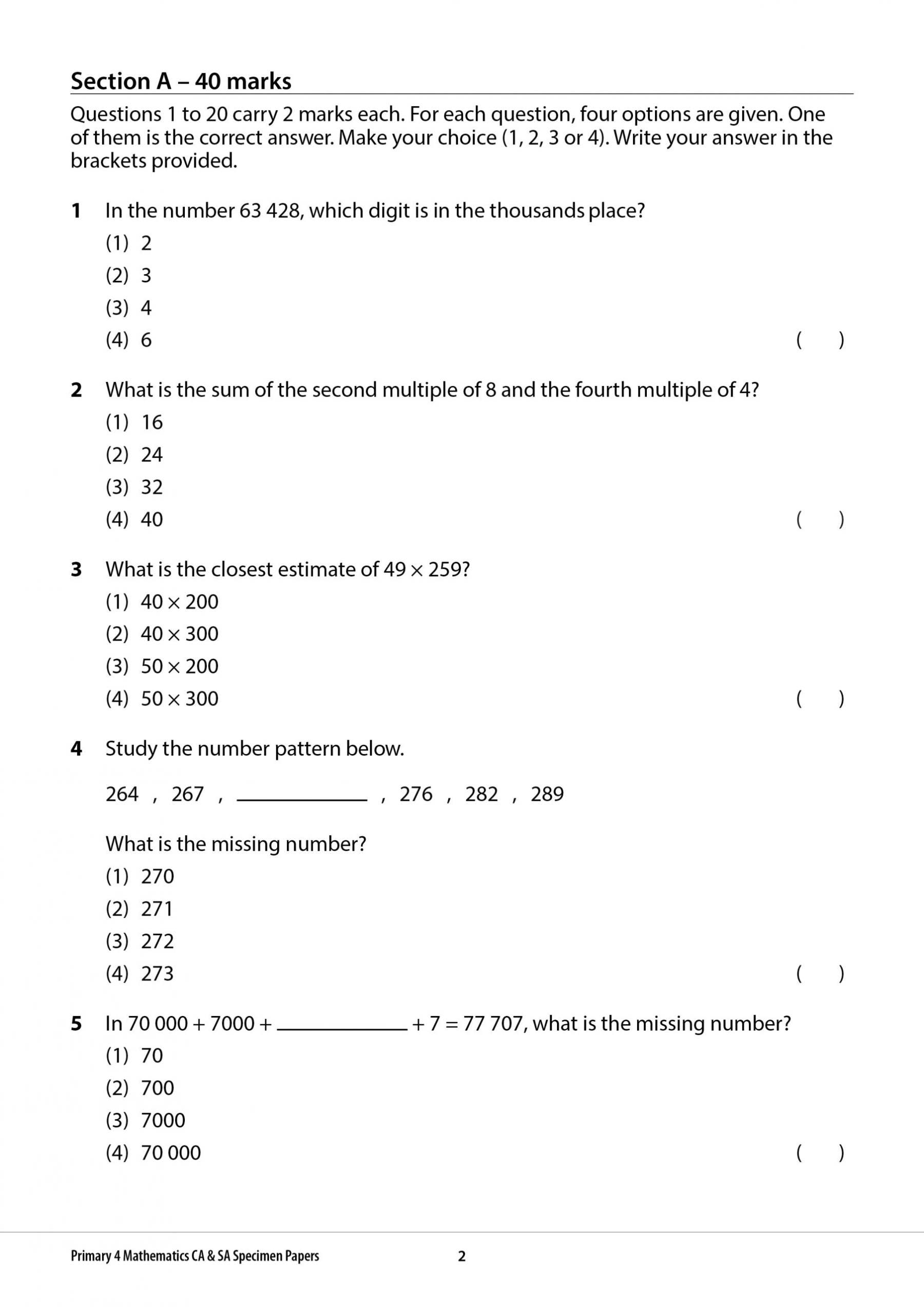Primary 4 Mathematics CA & SA Specimen Papers