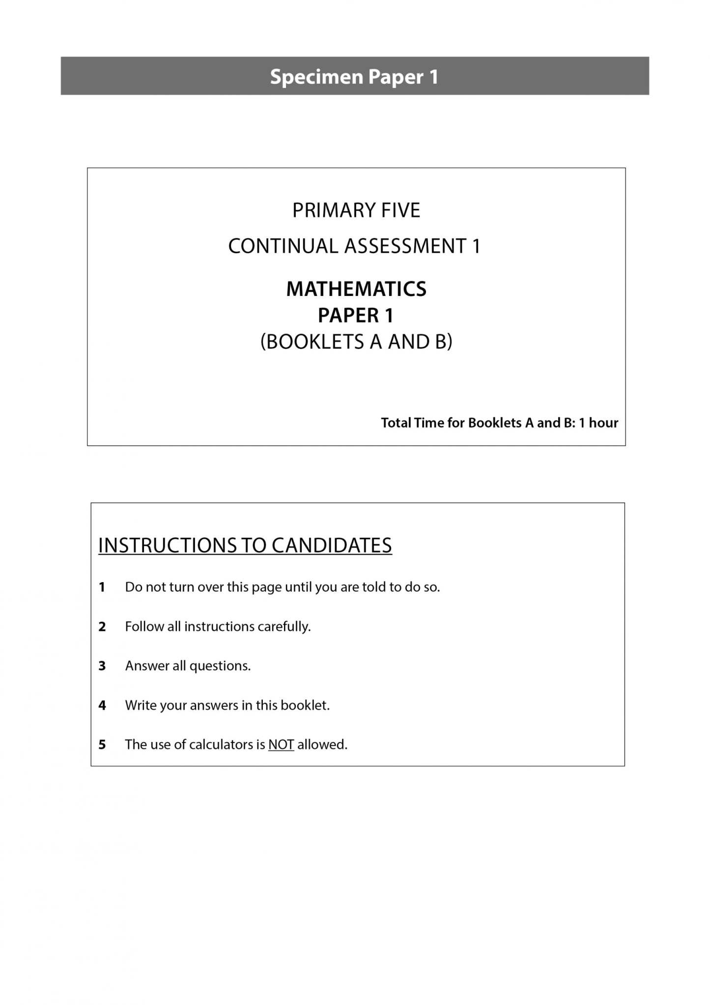 Primary 5 Mathematics CA & SA Specimen Papers