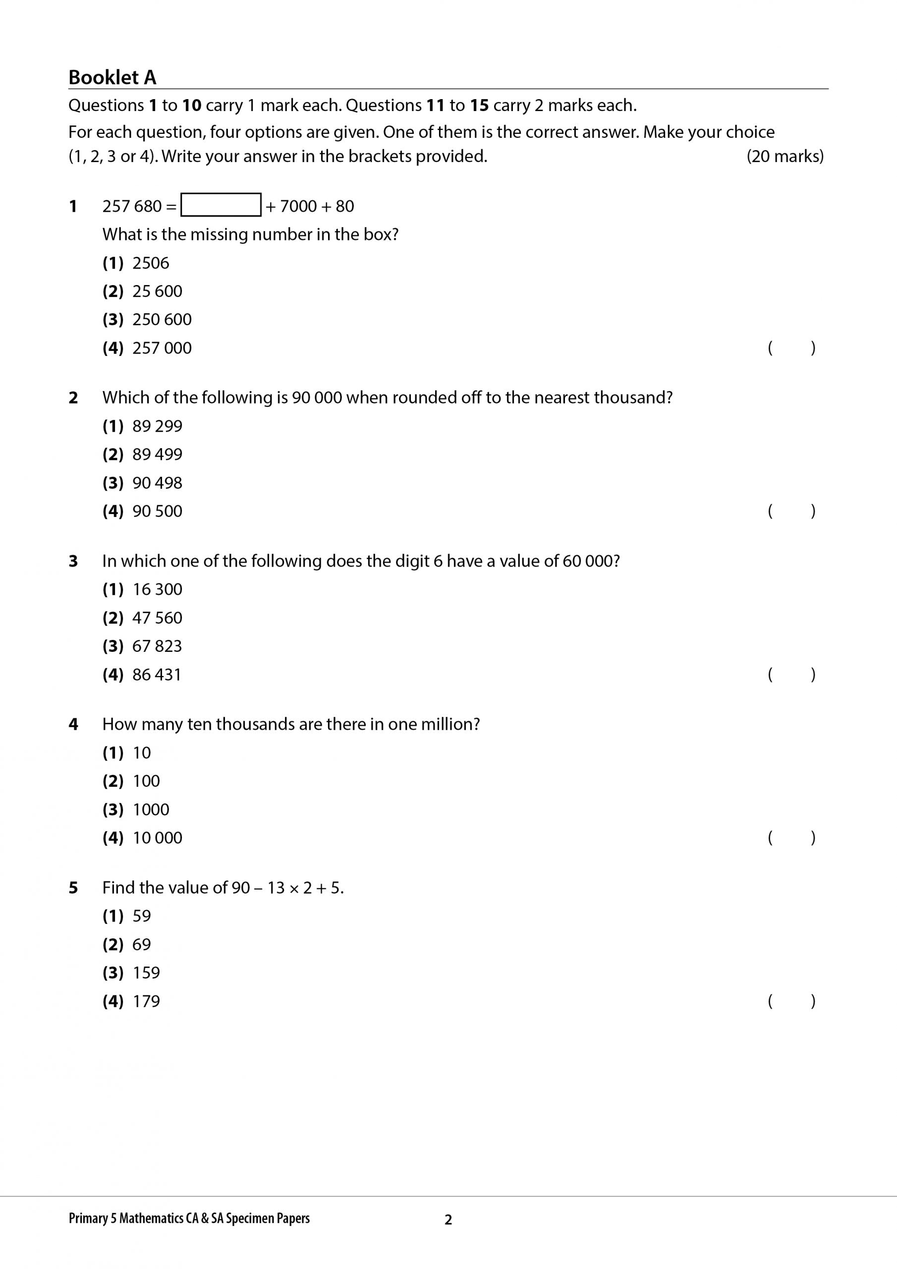 Primary 5 Mathematics CA & SA Specimen Papers