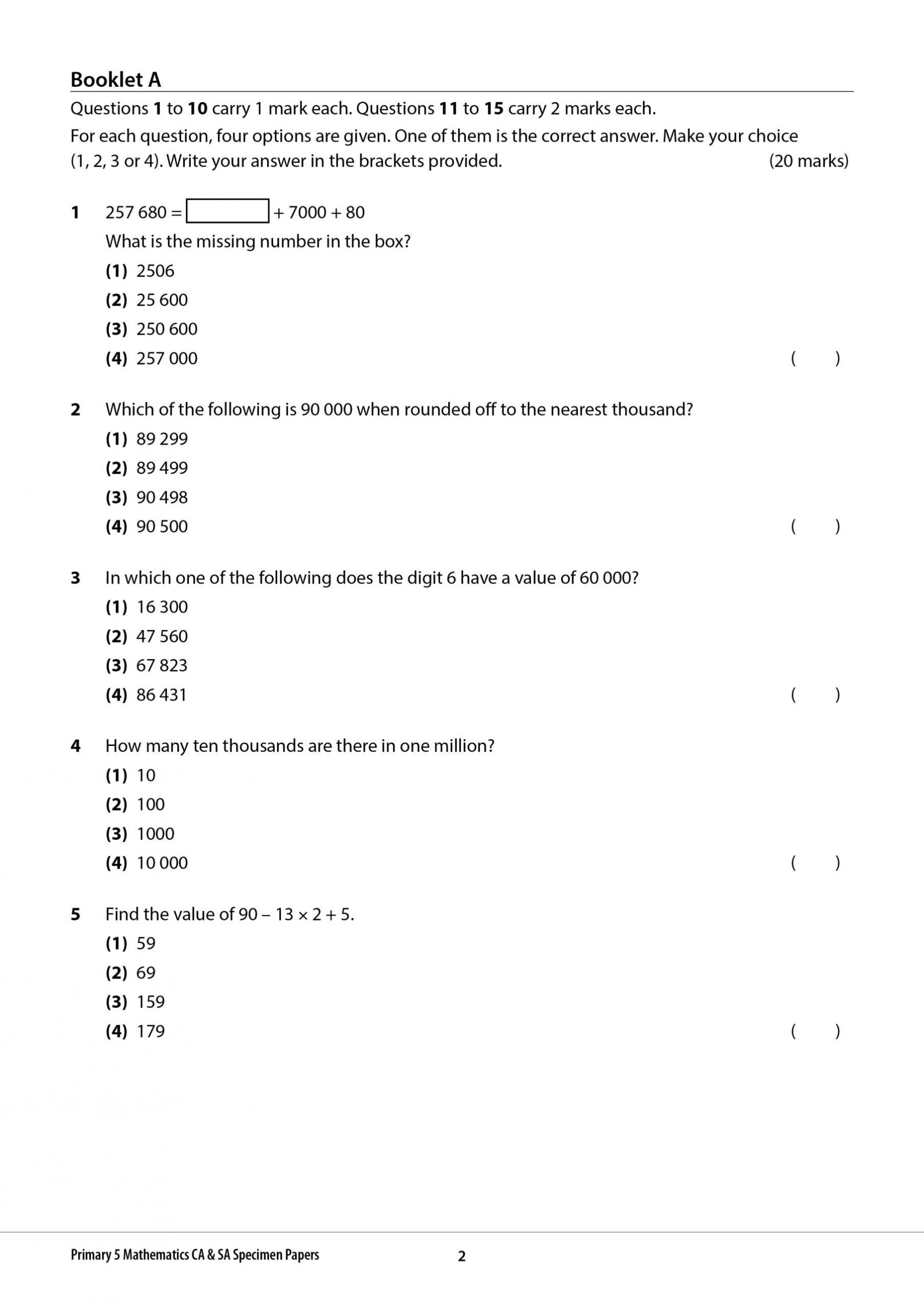 Primary 5 Mathematics CA & SA Specimen Papers