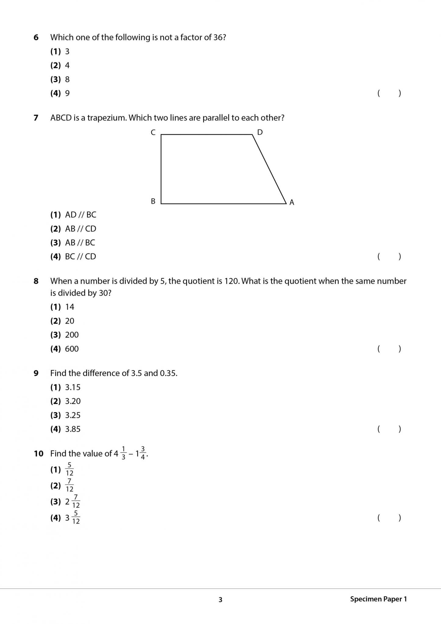 Primary 5 Mathematics CA & SA Specimen Papers