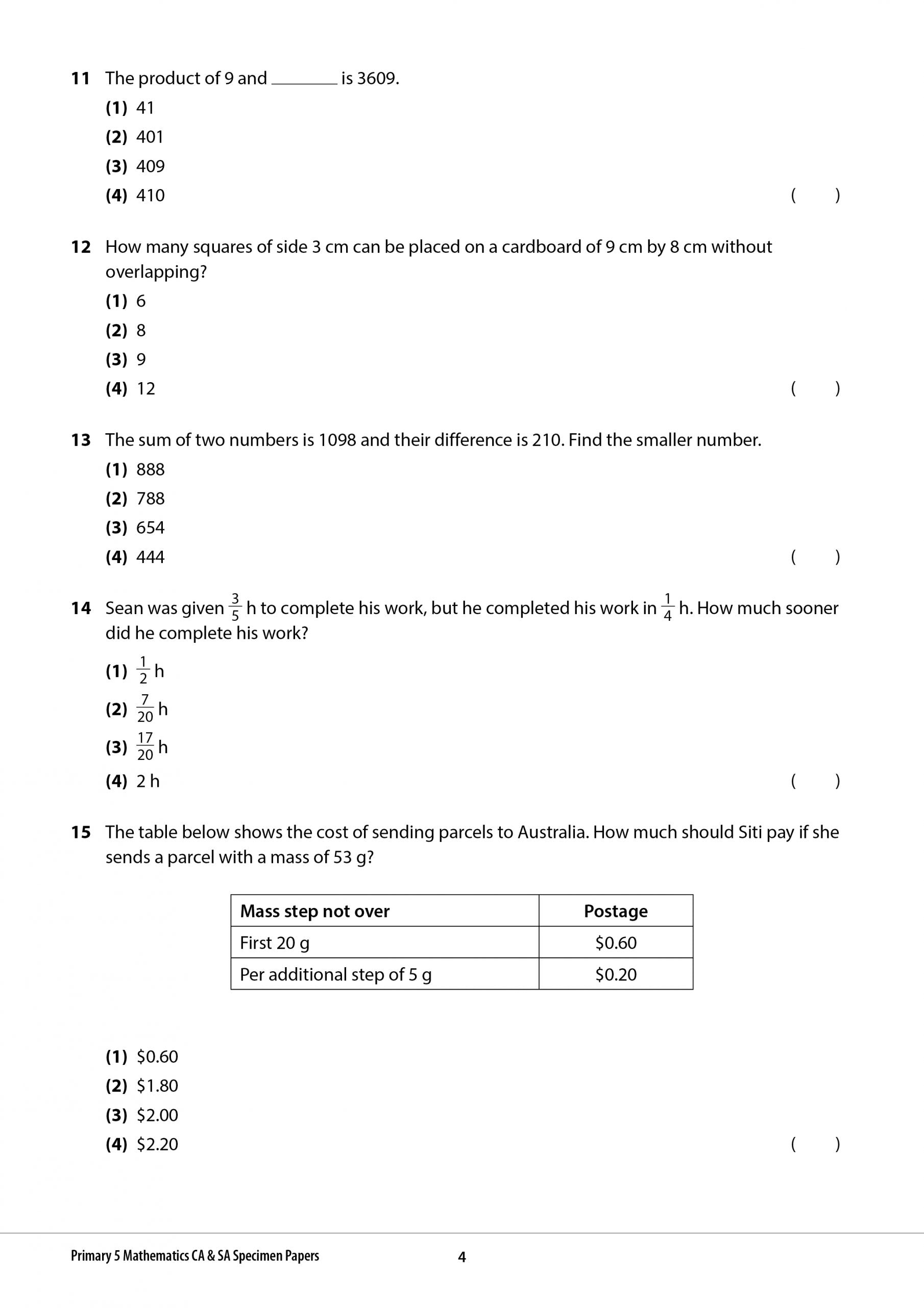 Primary 5 Mathematics CA & SA Specimen Papers
