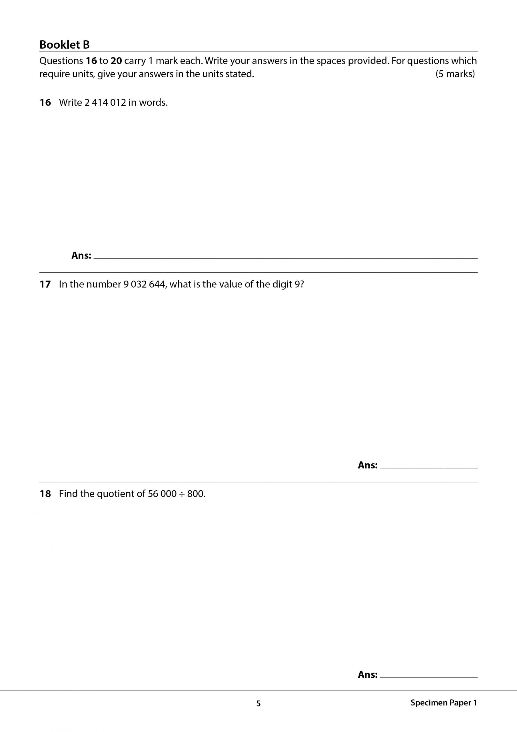 Primary 5 Mathematics CA & SA Specimen Papers
