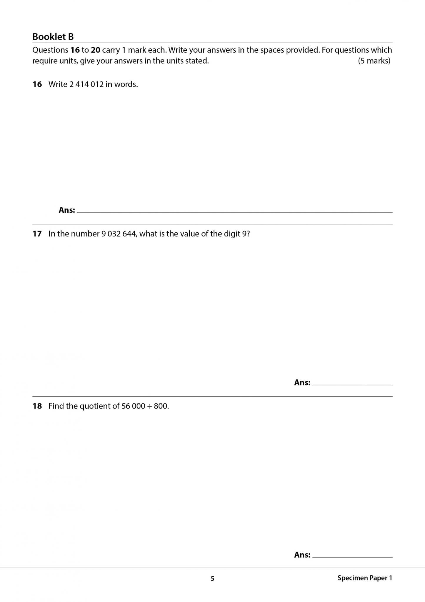 Primary 5 Mathematics CA & SA Specimen Papers