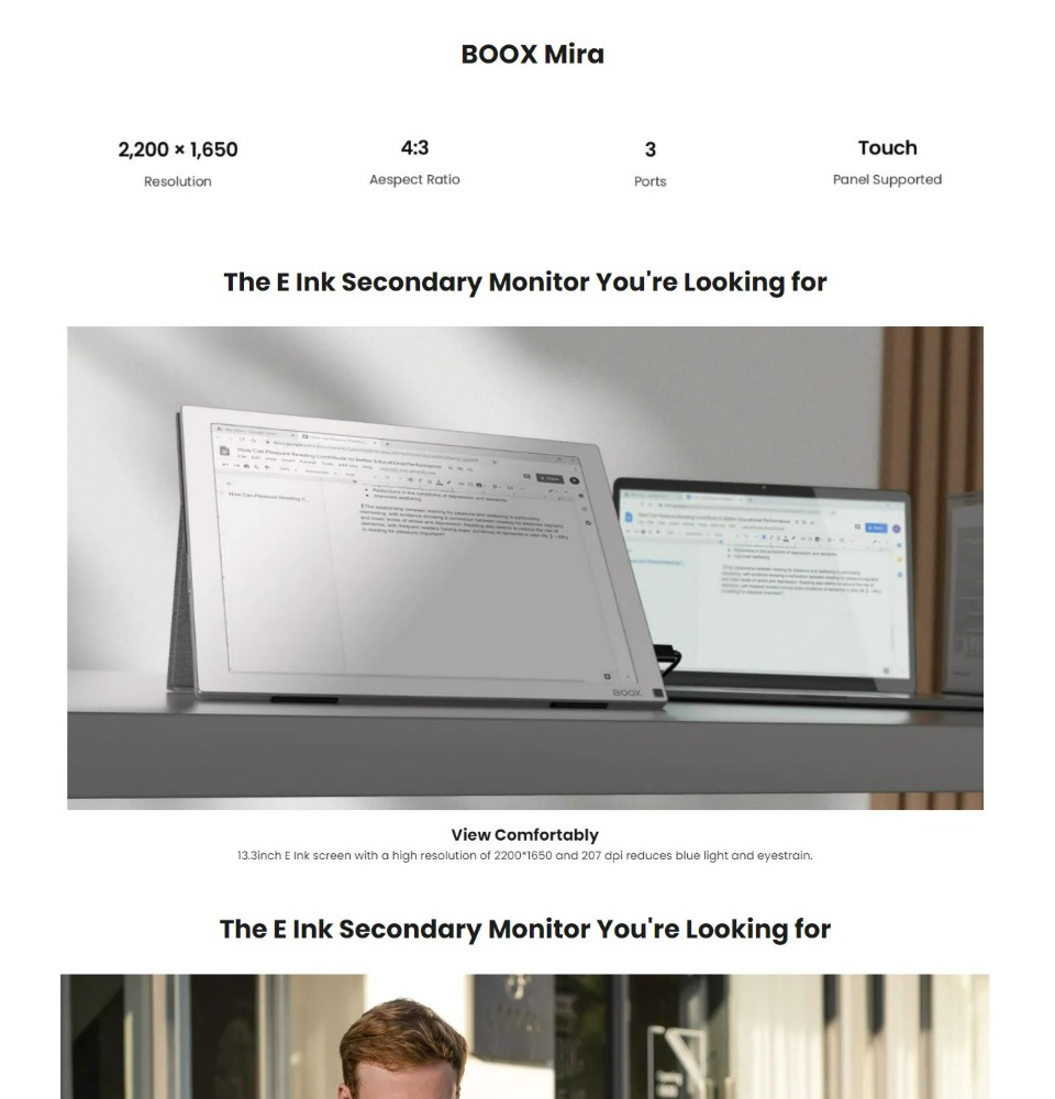 Onyx BOOX Mira 13.3 inch E Ink Monitor with Type-C & Mini HDMI Ports