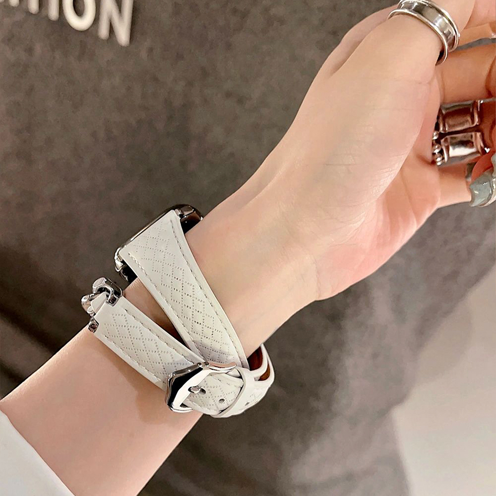 ダイヤチェック柄レザー二重巻きApple Watchバンド-hmcase