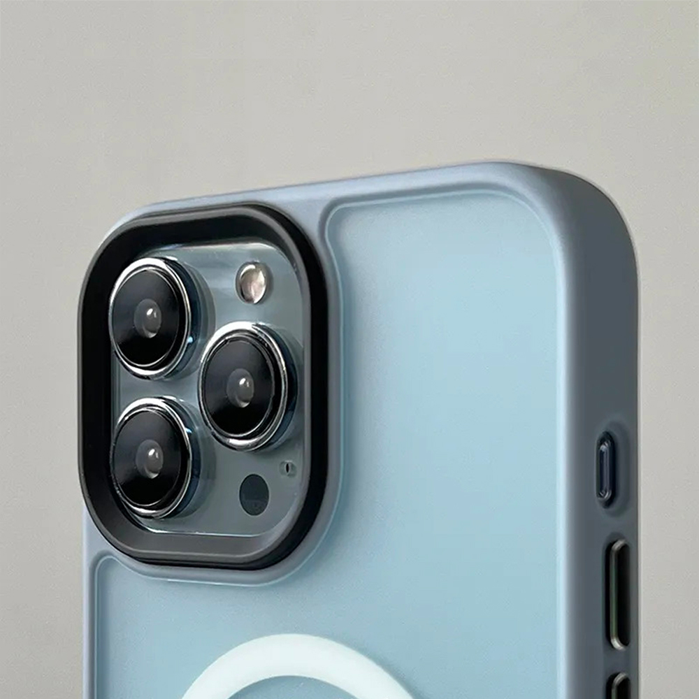 透明フロスト シリコーンフレーム耐衝撃MagSafe対応iPhone14ケース（シエラブルー）-hmcase