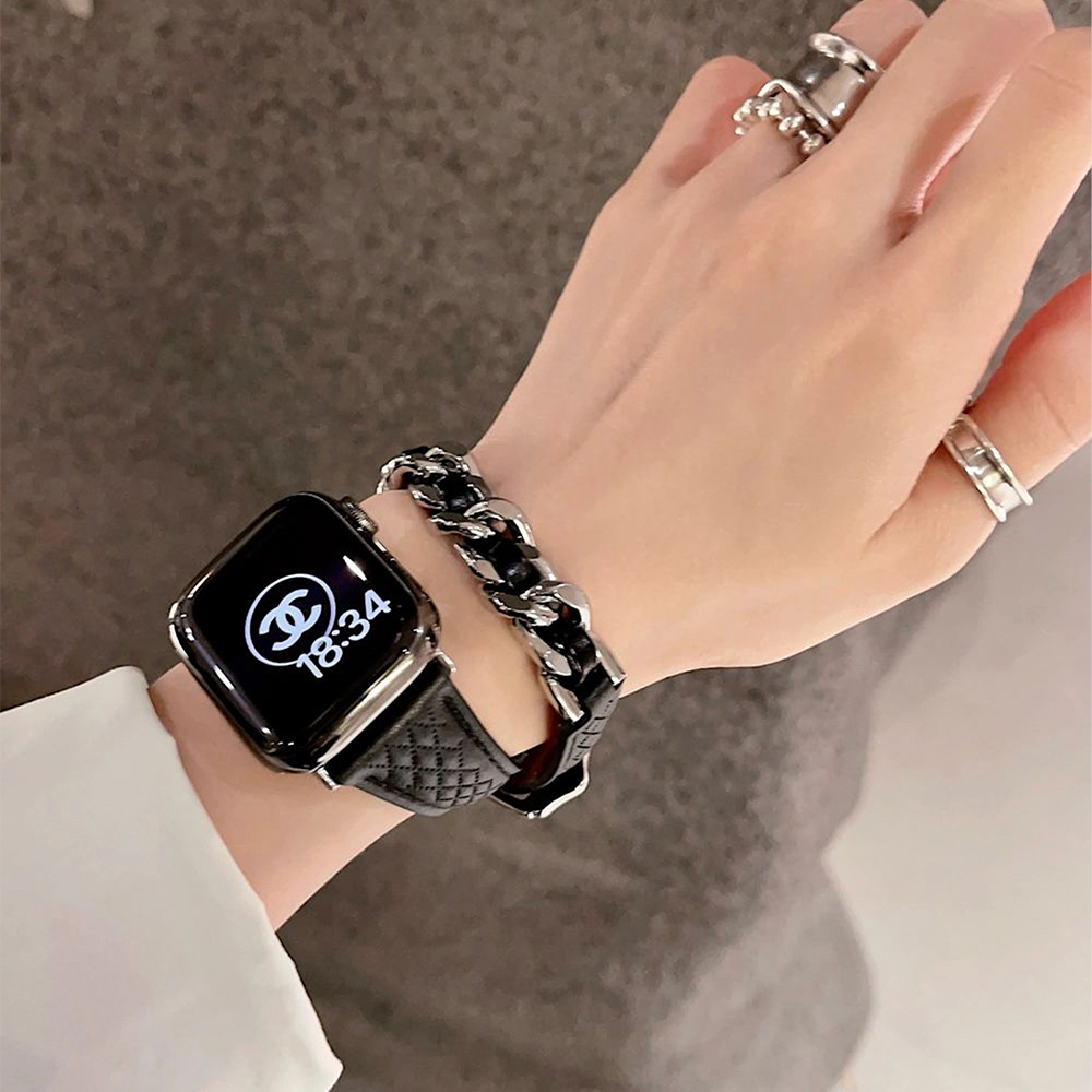 ダイヤチェック柄レザー二重巻きApple Watchバンド-hmcase