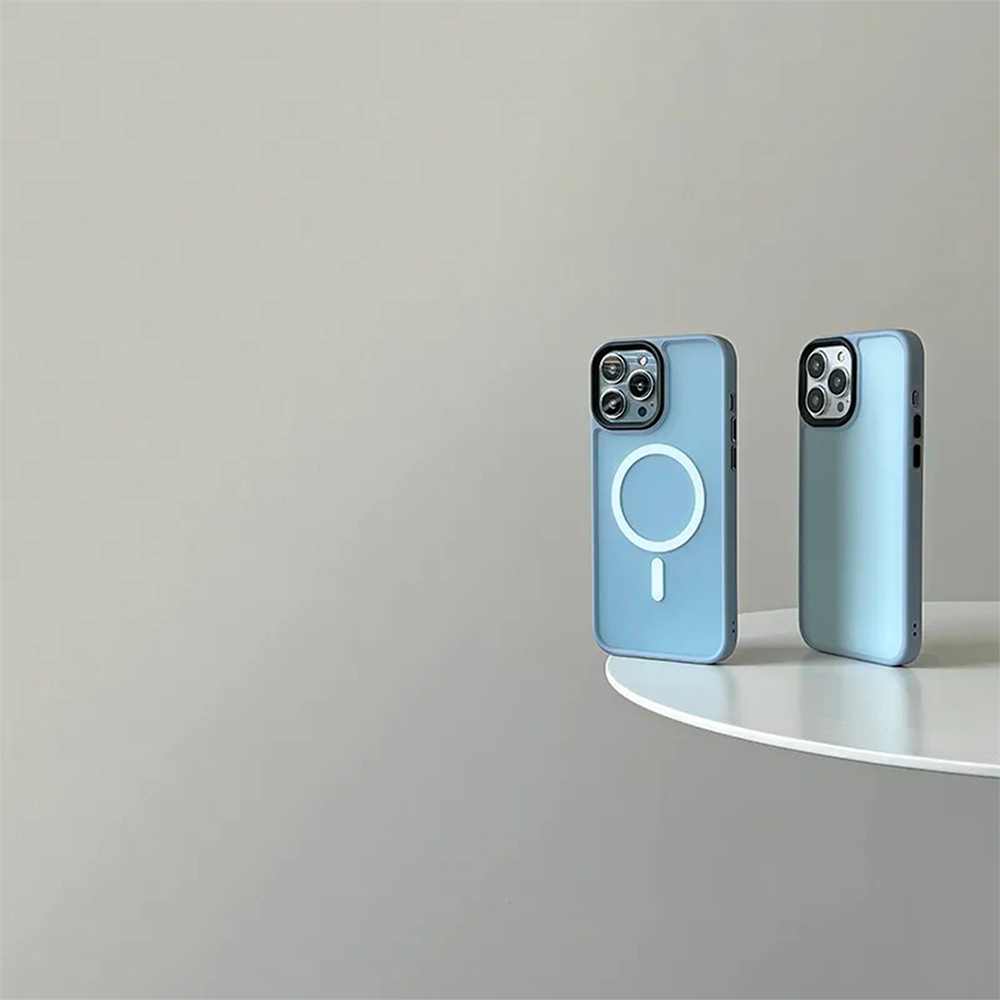 透明フロスト シリコーンフレーム耐衝撃MagSafe対応iPhone14ケース（シエラブルー）-hmcase