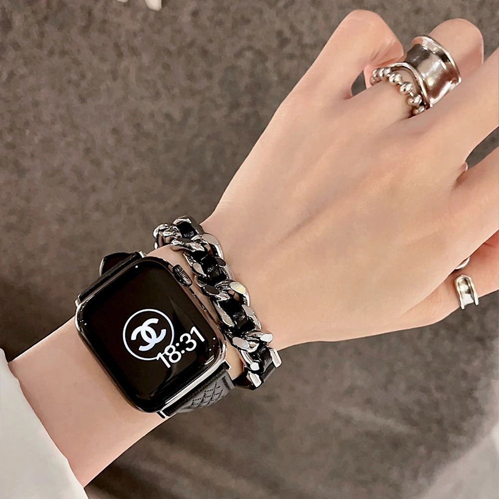 ダイヤチェック柄レザー二重巻きApple Watchバンド-hmcase