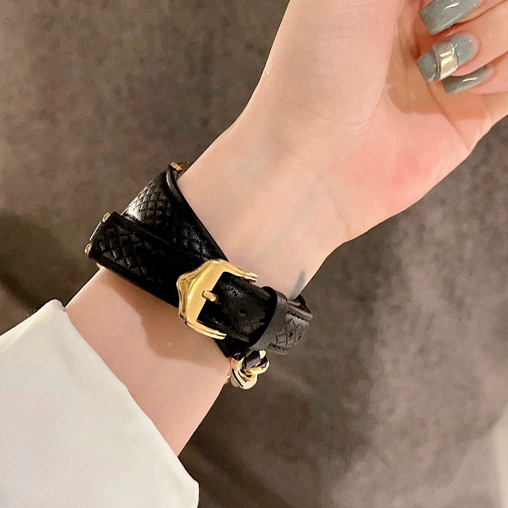 ダイヤチェック柄レザー二重巻きApple Watchバンド-hmcase