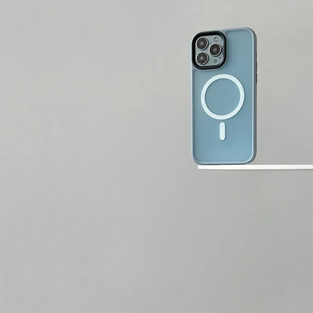 透明フロスト シリコーンフレーム耐衝撃MagSafe対応iPhone14ケース（シエラブルー）-hmcase