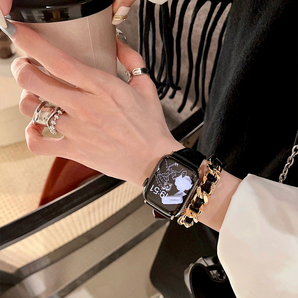 ダイヤチェック柄レザー二重巻きApple Watchバンド-hmcase