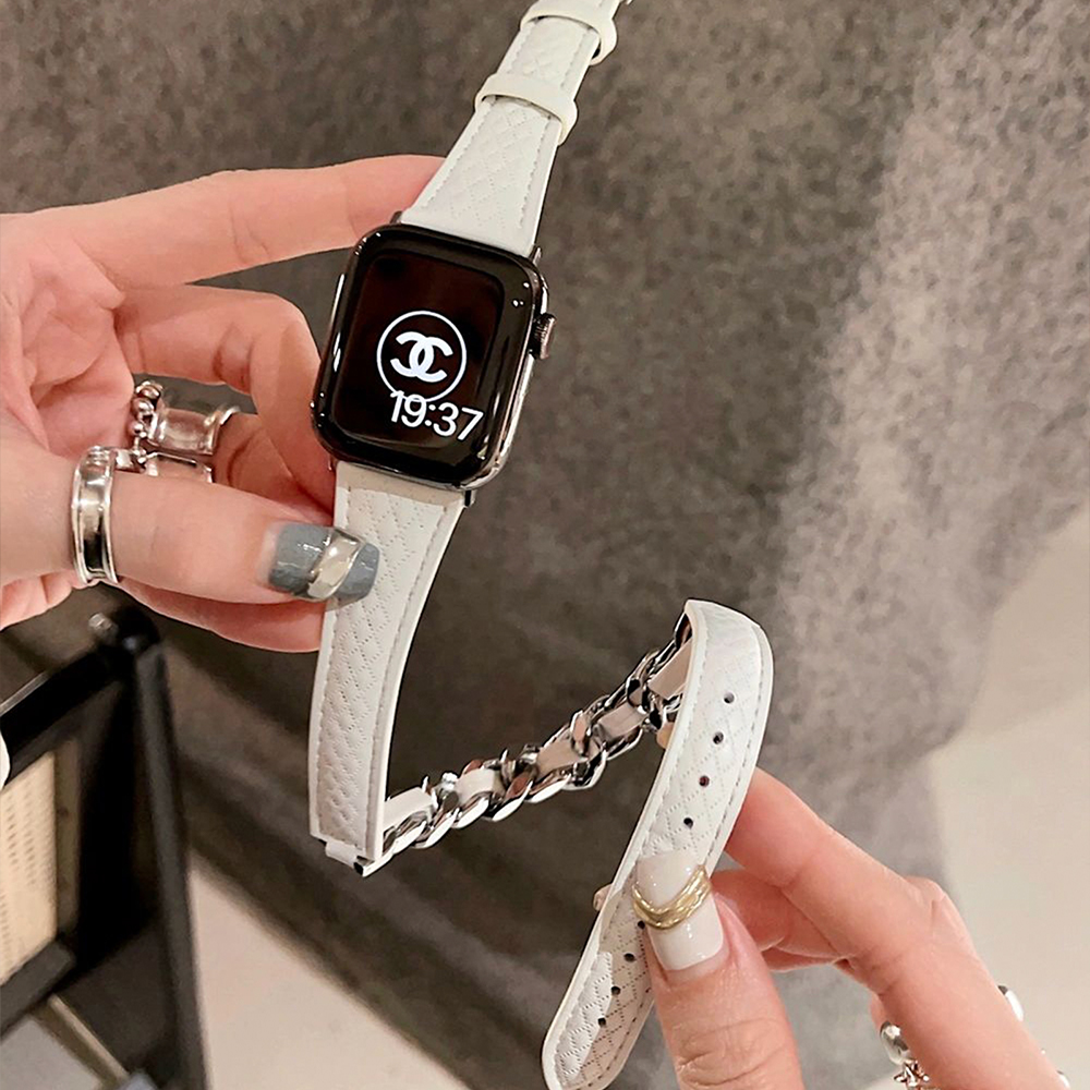 ダイヤチェック柄レザー二重巻きApple Watchバンド
