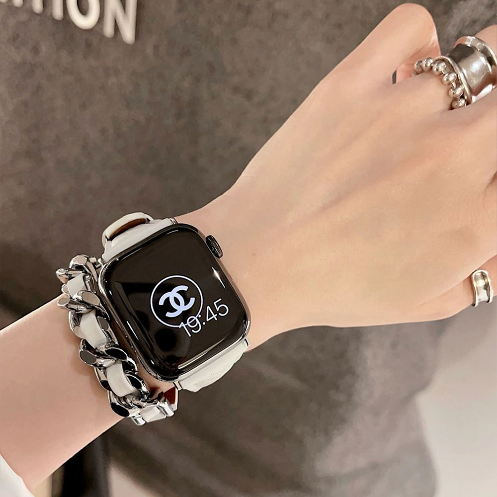 ダイヤチェック柄レザー二重巻きApple Watchバンド