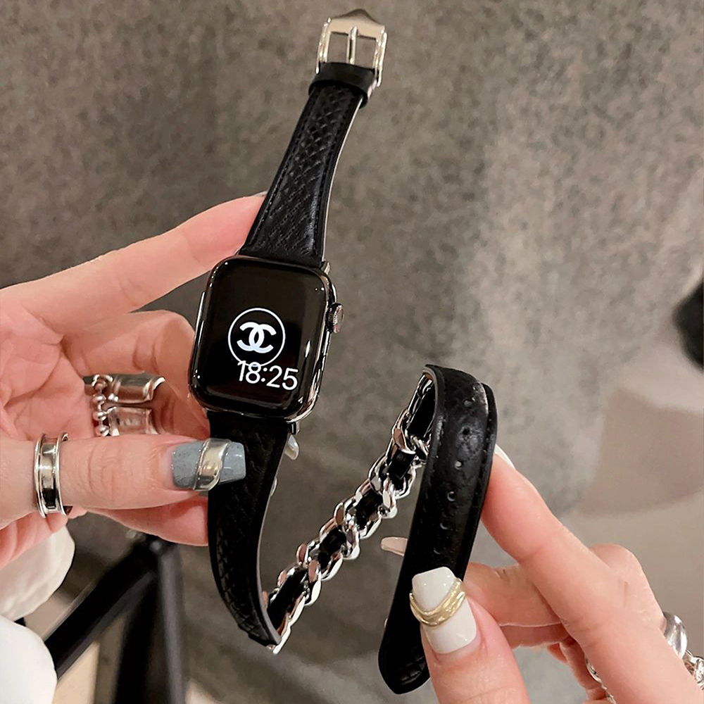 ダイヤチェック柄レザー二重巻きApple Watchバンド-hmcase