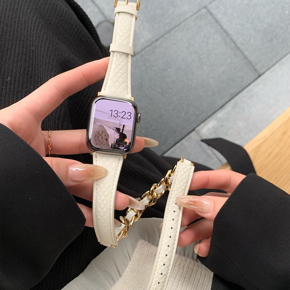 ダイヤチェック柄レザー二重巻きApple Watchバンド-hmcase