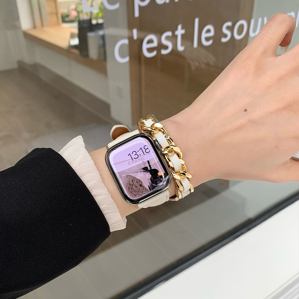 ダイヤチェック柄レザー二重巻きApple Watchバンド-hmcase