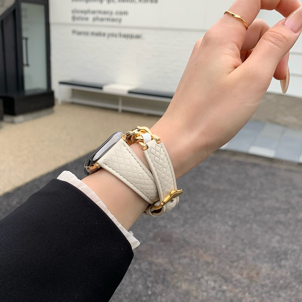 ダイヤチェック柄レザー二重巻きApple Watchバンド-hmcase