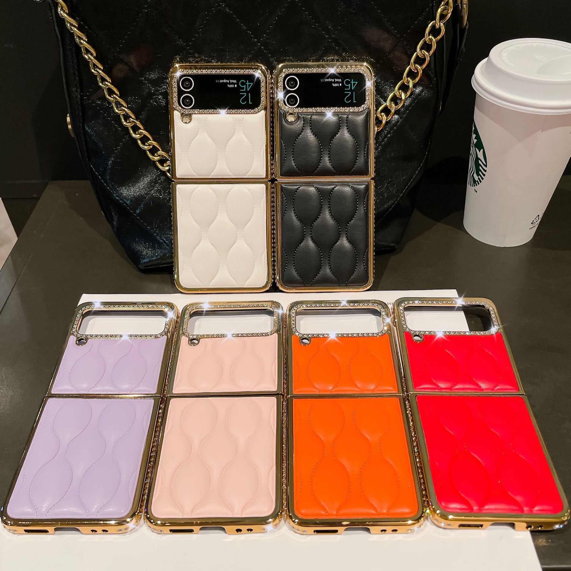 สำหรับ Samsung Z Flip4/3 เคสโทรศัพท์หนังประดับเพชรแฟชั่นใหม่