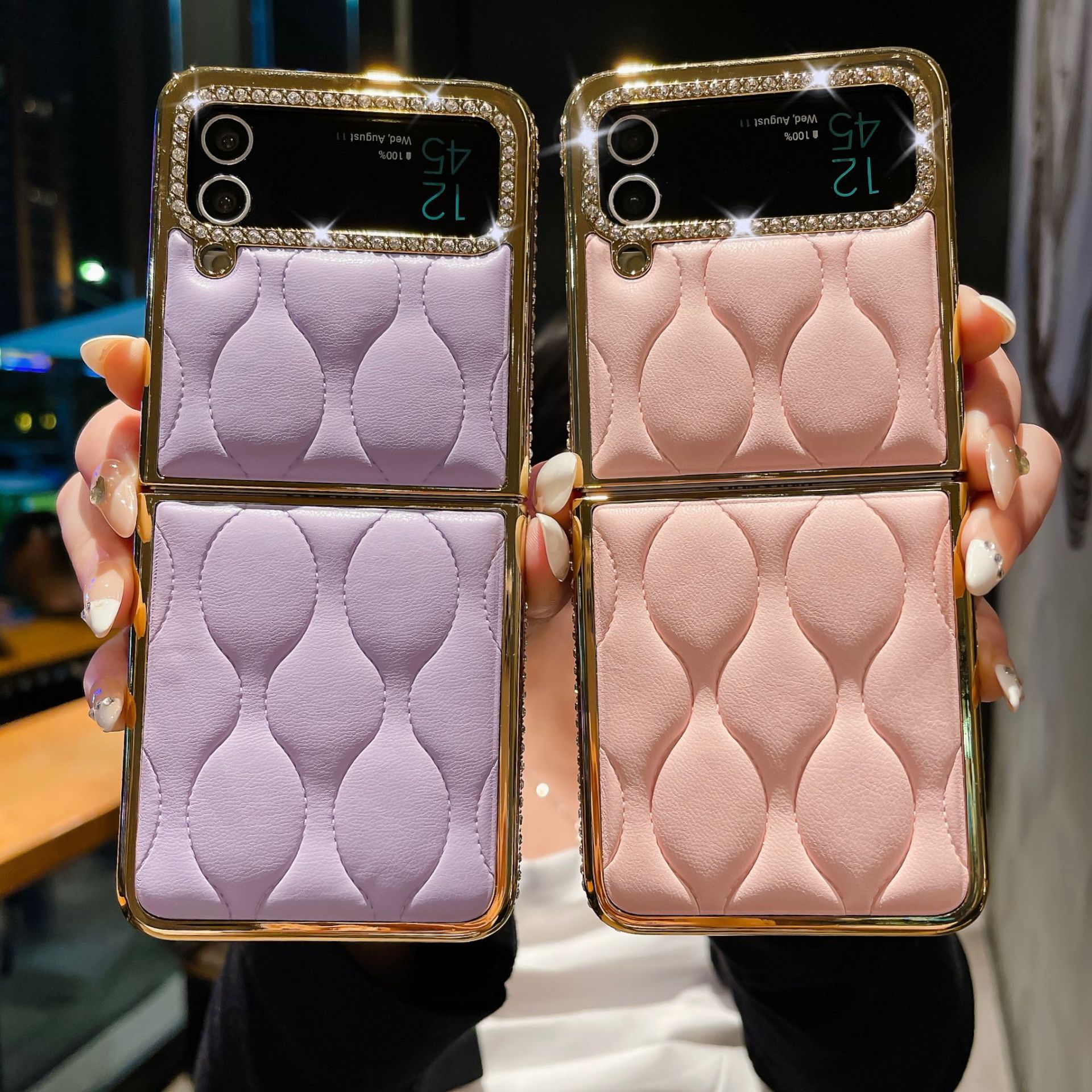 สำหรับ Samsung Z Flip4/3 เคสโทรศัพท์หนังประดับเพชรแฟชั่นใหม่