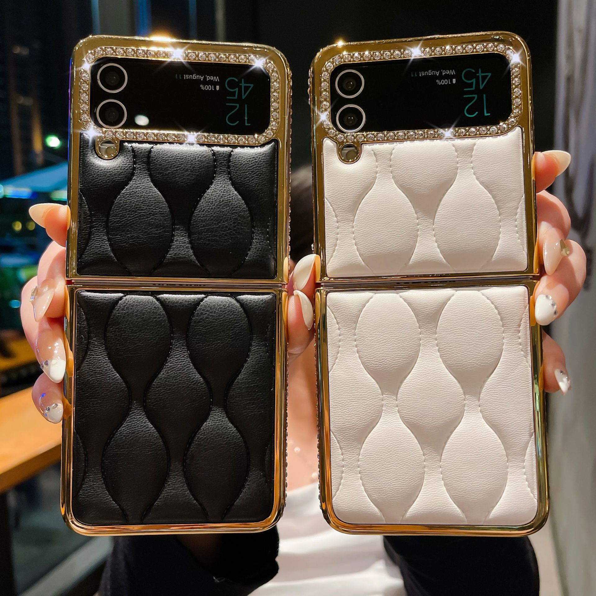 สำหรับ Samsung Z Flip4/3 เคสโทรศัพท์หนังประดับเพชรแฟชั่นใหม่