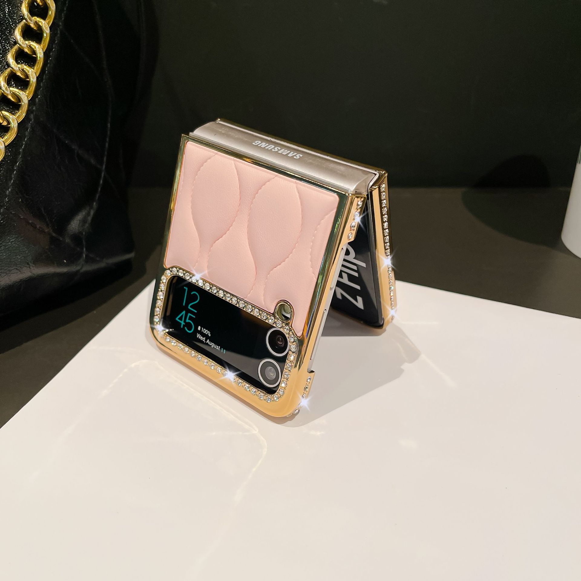 สำหรับ Samsung Z Flip4/3 เคสโทรศัพท์หนังประดับเพชรแฟชั่นใหม่