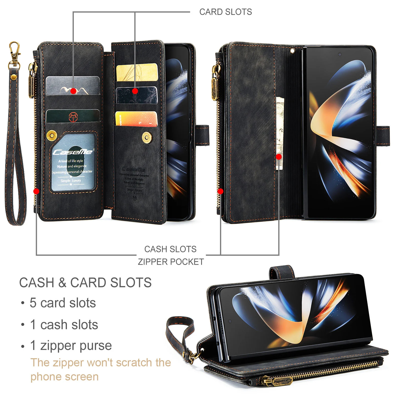 Luxury Retro Wallet Phone Case With 5 Cards Slot,Phone Stand And Zippe